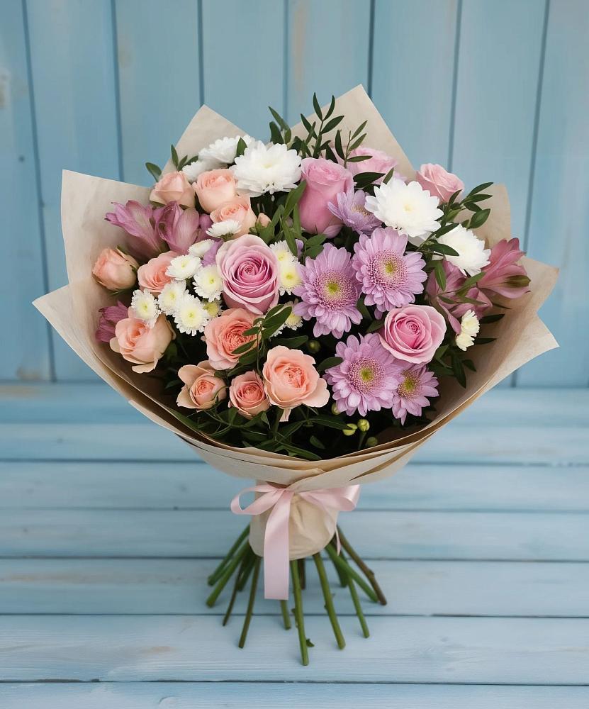 Букет цветов из: Хризантемы, Розы и Альстромерии в Калиновке