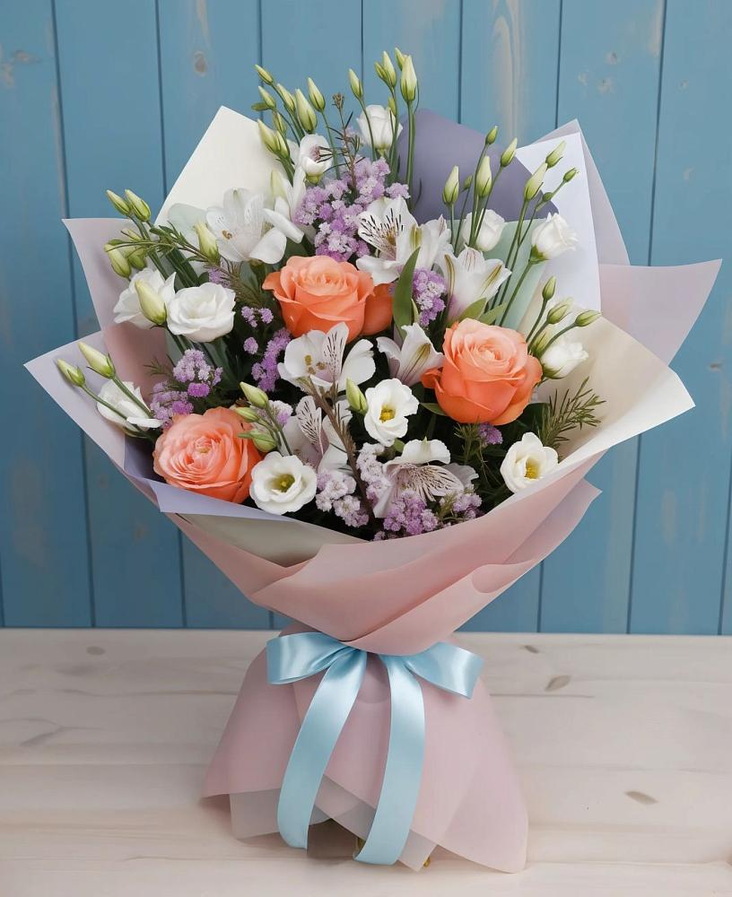 Букет цветов из: Лизиантусы, Розы, Альстромерии и Гипсофила в Калиновке